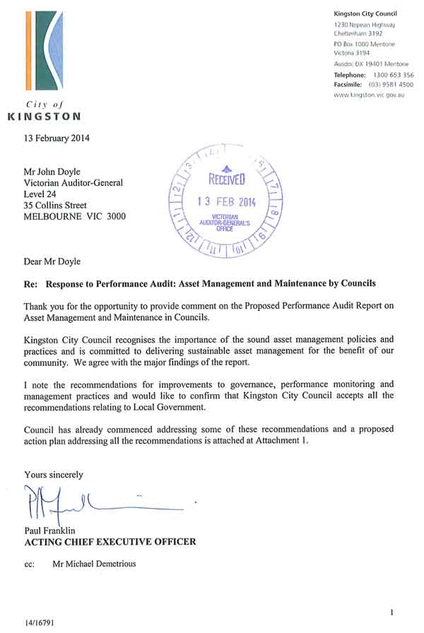 RESPONSE provided by the Acting Chief Executive Officer, Kingston City Council 