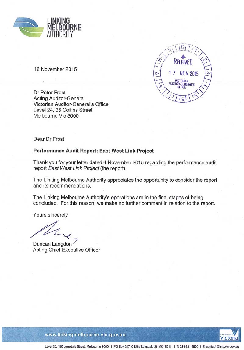 Response provided by the Acting Chief Executive Officer, Linking Melbourne Authority, page 1.