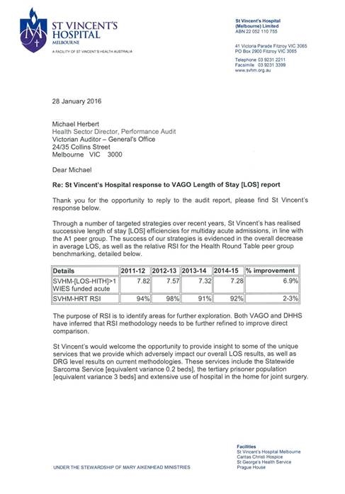 RESPONSE provided by the Acting Chief Executive Offiver,St Vincent's Hospital