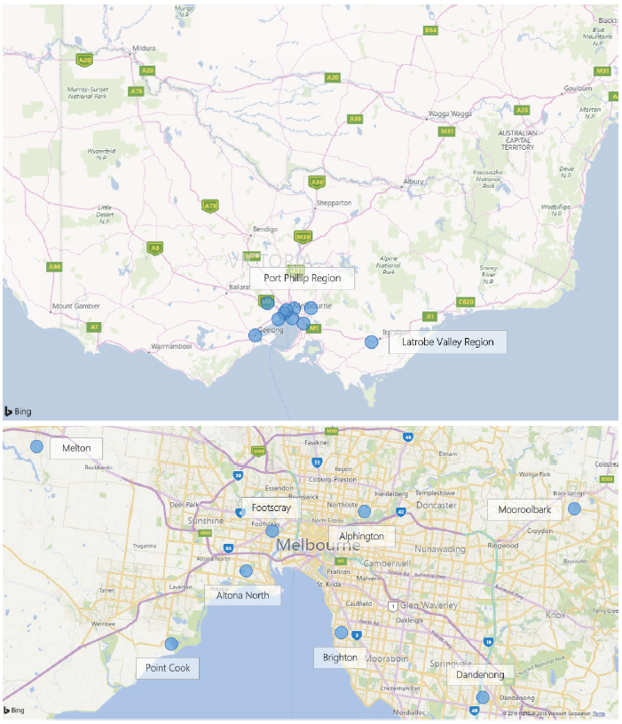 Two maps showing EPA's ambient air quality monitoring network. The first map shows the whole of Victoria and the second map is a close up of metropolitan Melbourne.