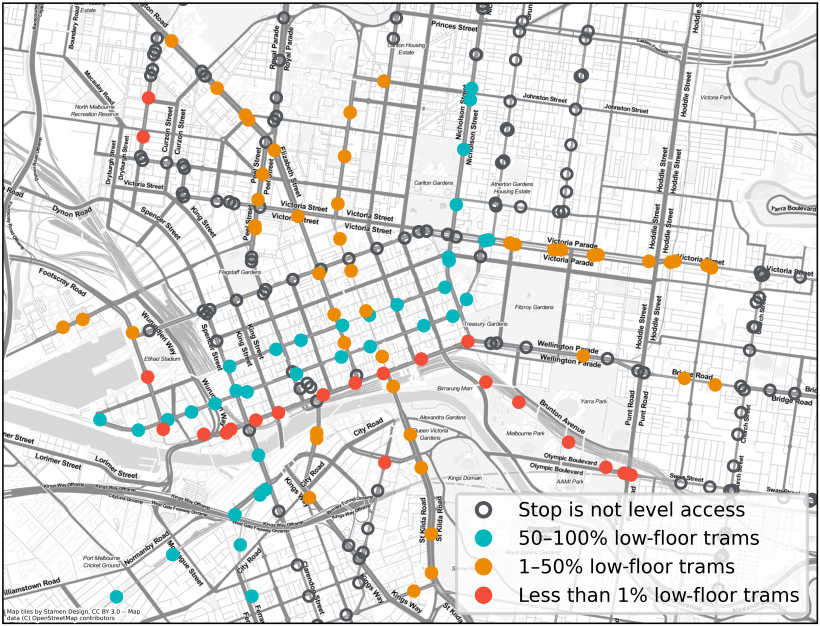 FIGURE 2N: Melbourne central areas and tram stop accessibility