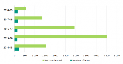 FIGURE 3I: Quantity and size of planned burns that CFA completed between 2014–15 and 2018–19 
