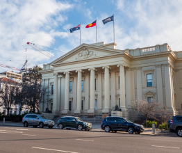 The front of the Geelong town hall building on a sunny day.