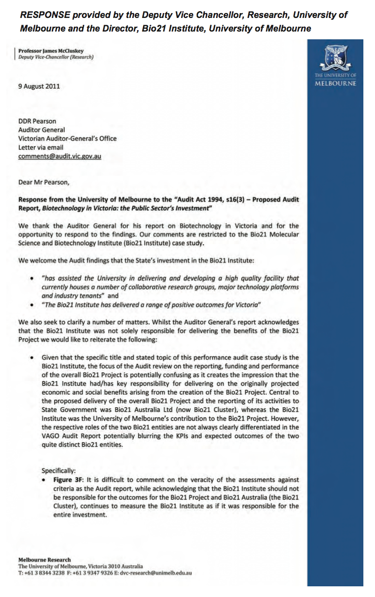 RESPONSE provided by the Deputy Vice Chancellor, Research, University of Melbourne and the Director, Bio21 Institute, University of Melbourne