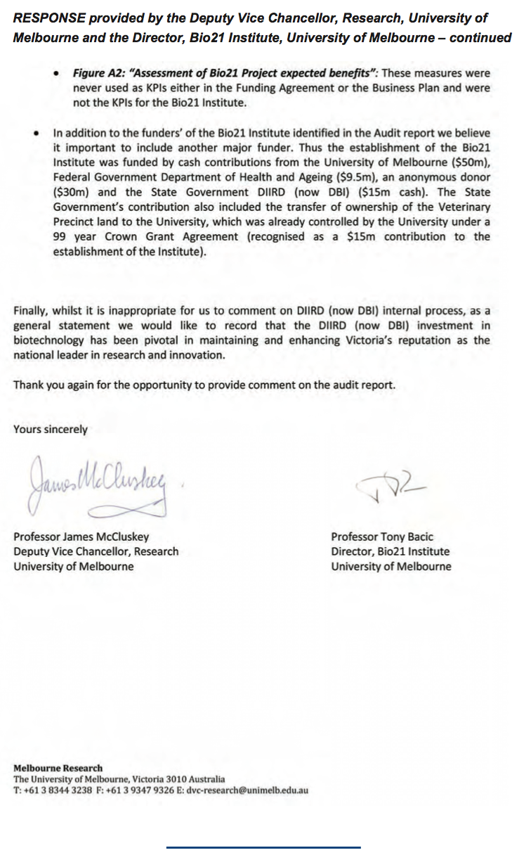 RESPONSE provided by the Deputy Vice Chancellor, Research, University of Melbourne and the Director, Bio21 Institute, University of Melbourne - continued
