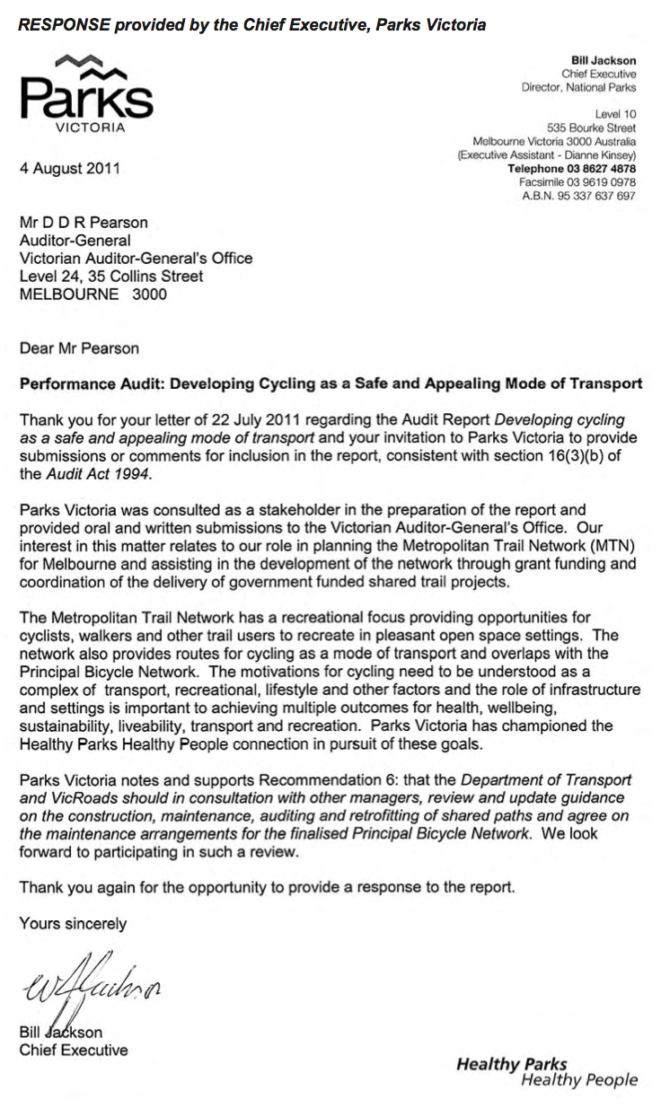 RESPONSE provided by the Chief Executive, Parks Victoria