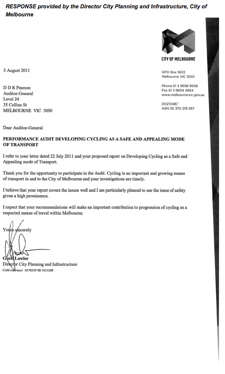 RESPONSE provided by the Director City Planning and Infrastructure, City of Melbourne