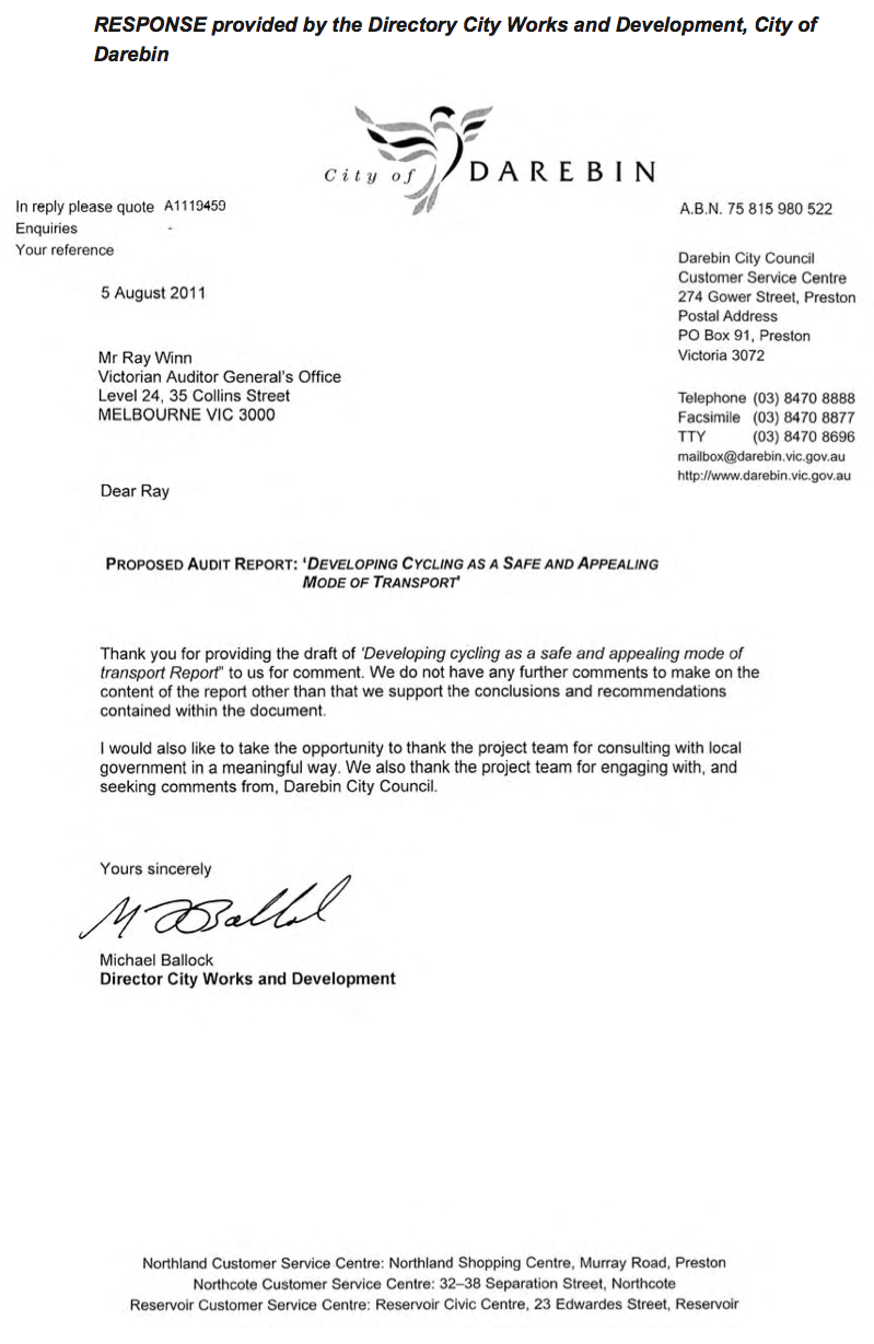 RESPONSE provided by the Directory City Works and Development, City of Darebin