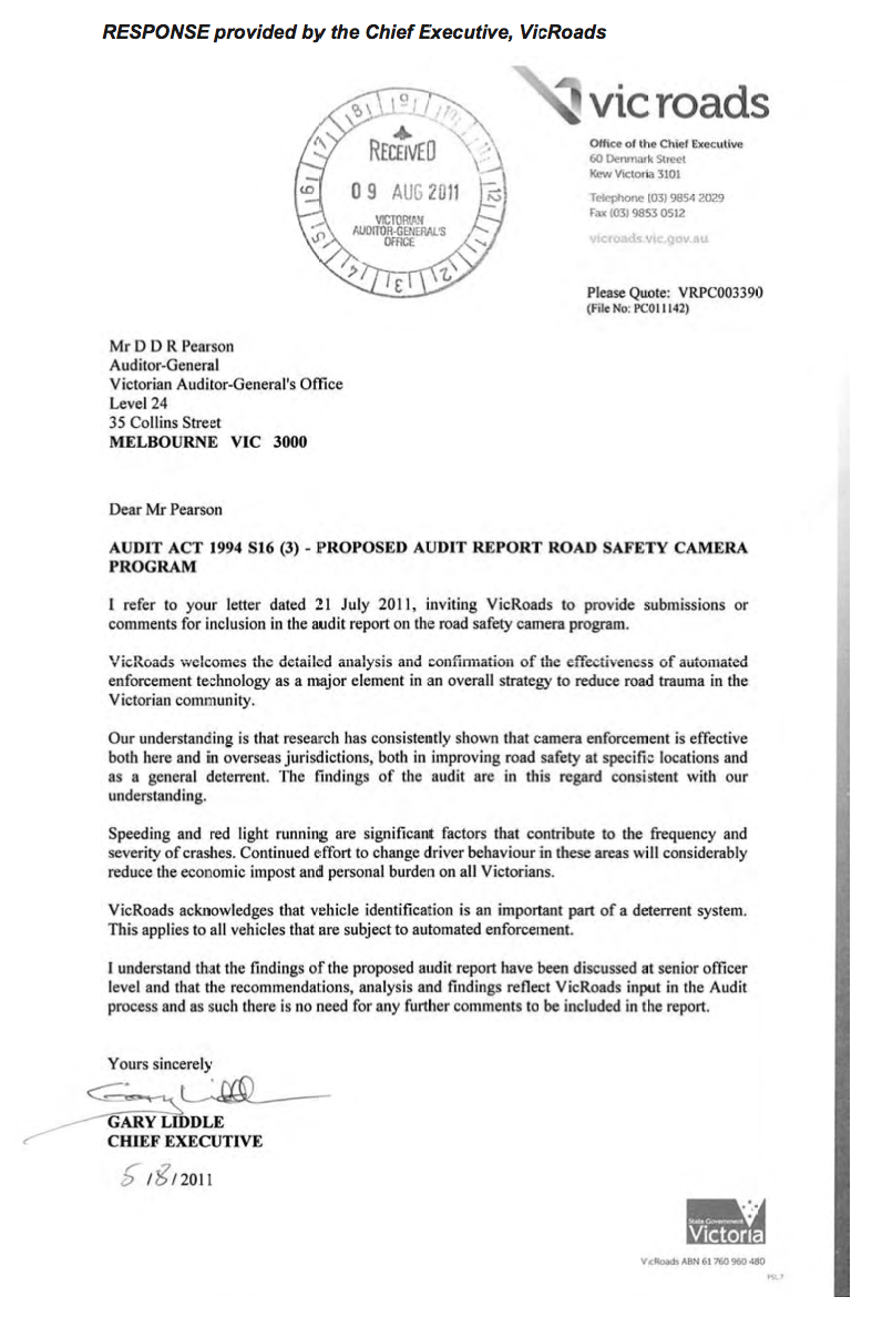 Response provided by the Chief Executive, VicRoads