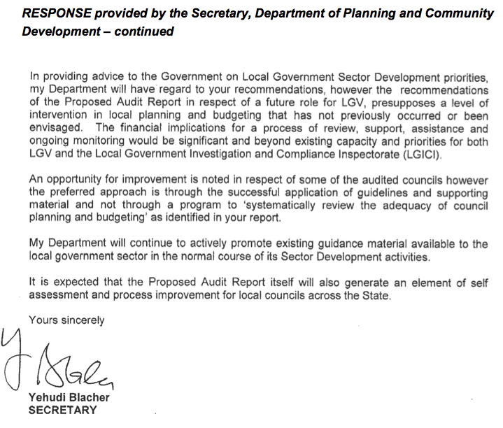 RESPONSE provided by the Secretary, Department of Planning and Community Development –
continued