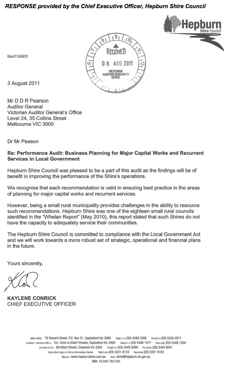 RESPONSE provided
by the Chief Executive Officer, Hepburn Shire Council