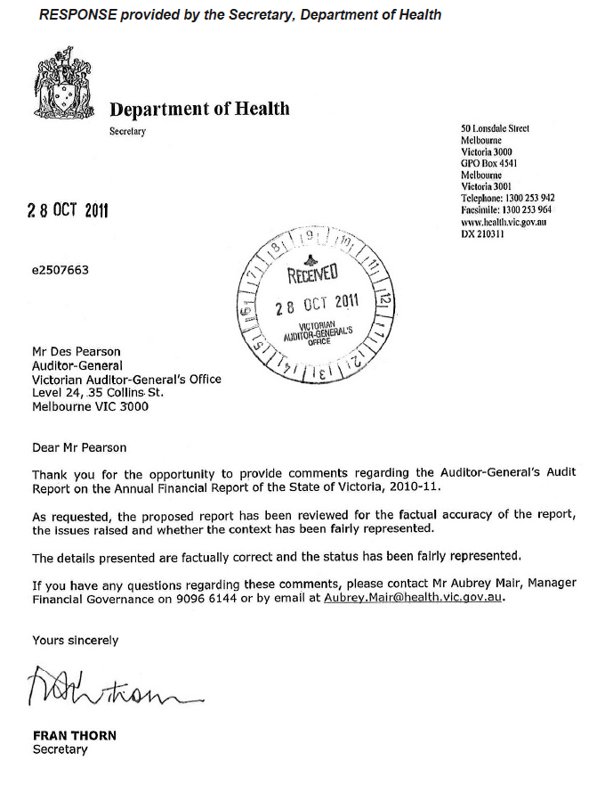 RESPONSE provided by the Secretary, Department of Health