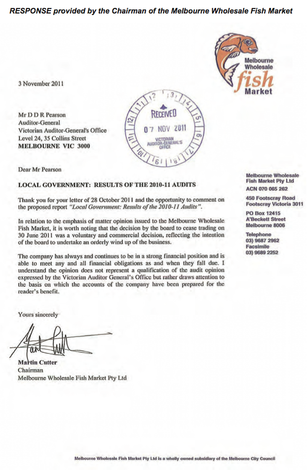 RESPONSE provided by the Chairman of the Melbourne Wholesale Fish Market