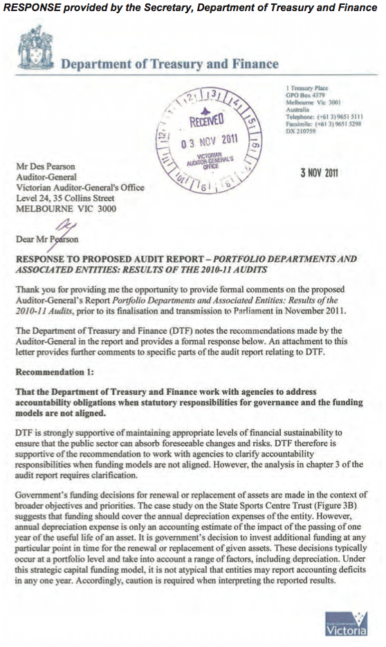 RESPONSE provided by the Secretary, Department of Treasury and Finance