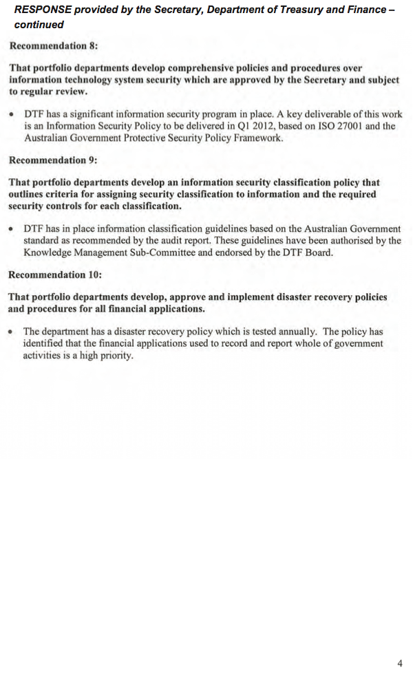RESPONSE provided by the Secretary, Department of Treasury and Finance - continued