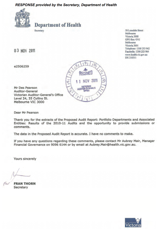 RESPONSE provided by the Secretary, Department of Health