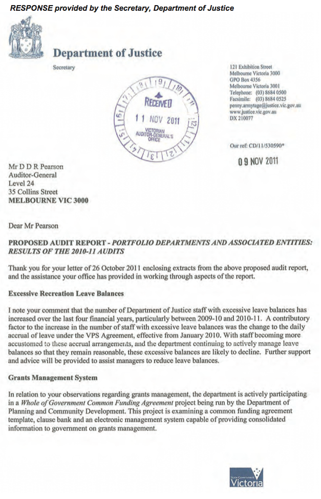 RESPONSE provided by the Secretary, Department of Justice