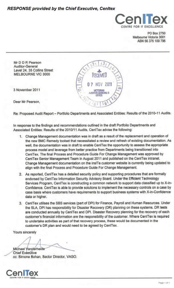RESPONSE provided by the Chief Executive, CenItex