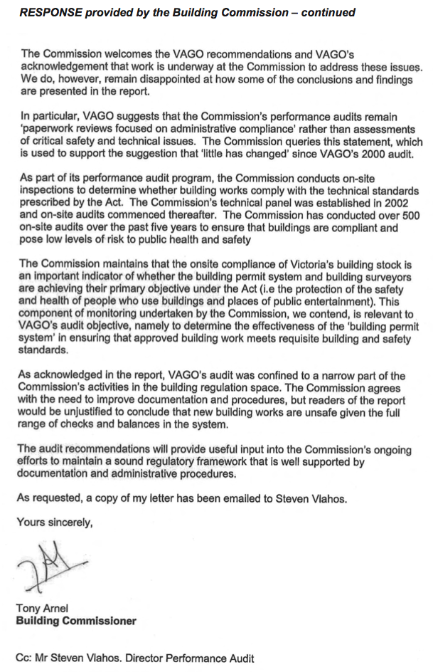 RESPONSE provided by the Building Commission – continued