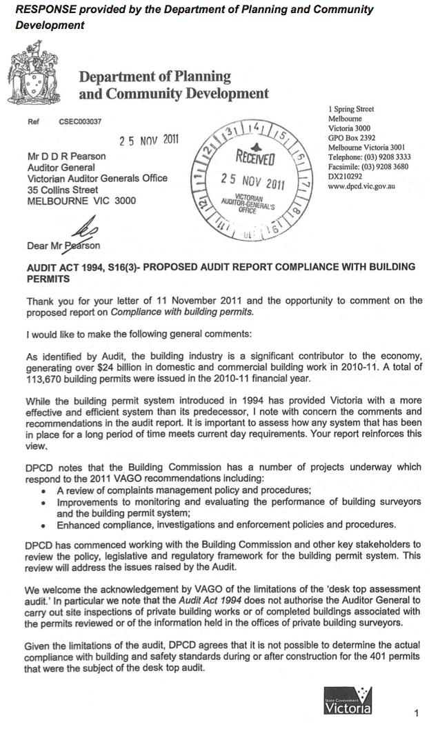 RESPONSE provided by the Department of Planning and Community Development
