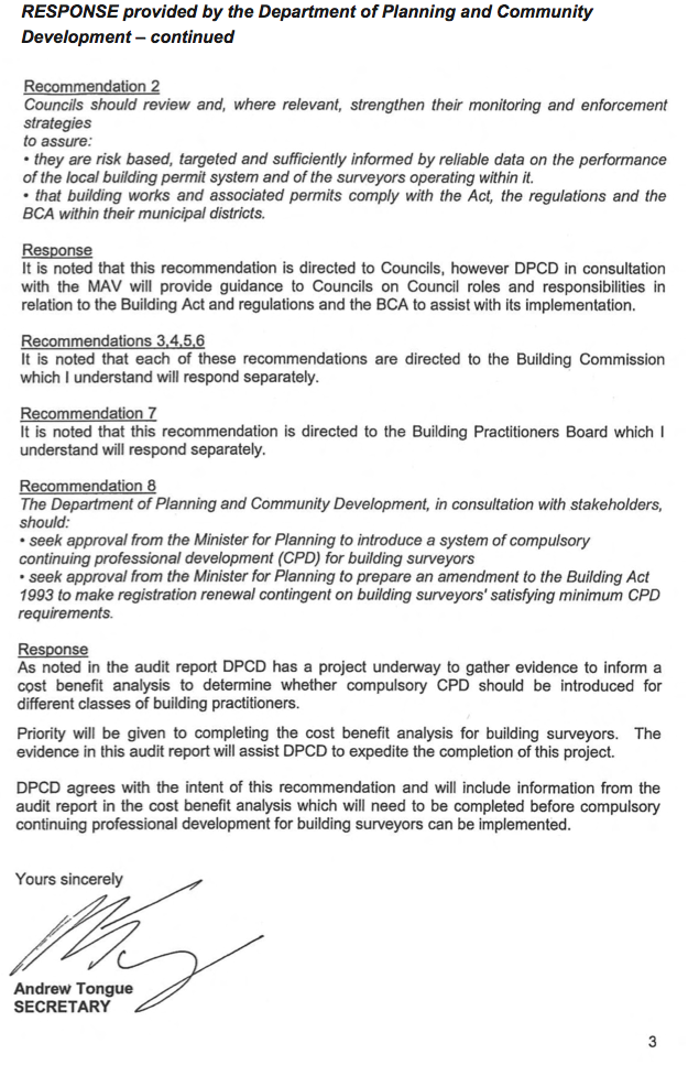 RESPONSE provided by the Department of Planning and Community Development