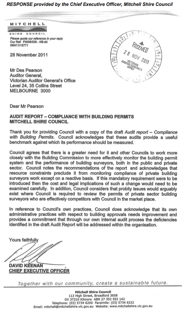 RESPONSE provided by the Chief Executive Officer, Mitchell Shire Council