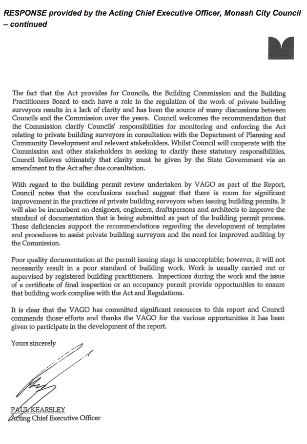 RESPONSE provided by the Acting Chief Executive Officer, Monash City Council – continued