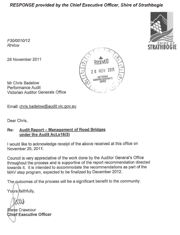 RESPONSE provided by the Chief Executive Officer, Shire of Strathbogie