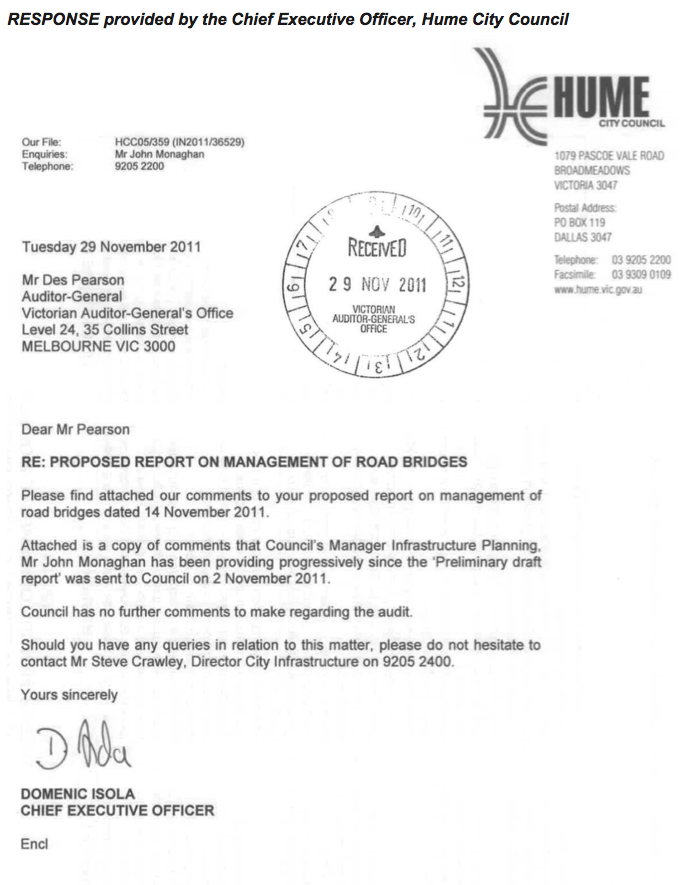 RESPONSE provided by the Chief Executive Officer, Hume City Council