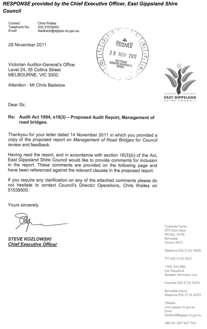 RESPONSE provided by the Chief Executive Officer, East Gippsland Shire Council