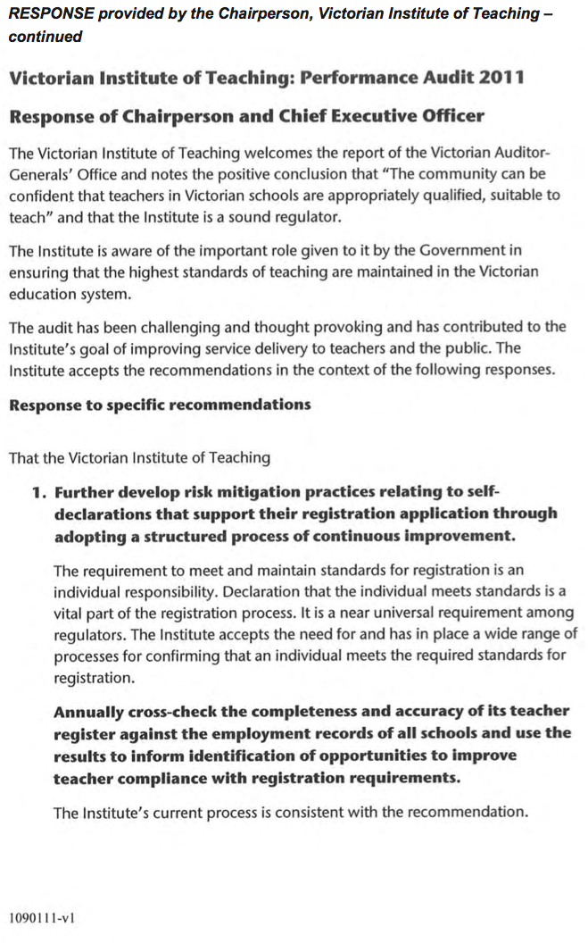RESPONSE provided by the Chairperson, Victorian Institute of Teaching - continued