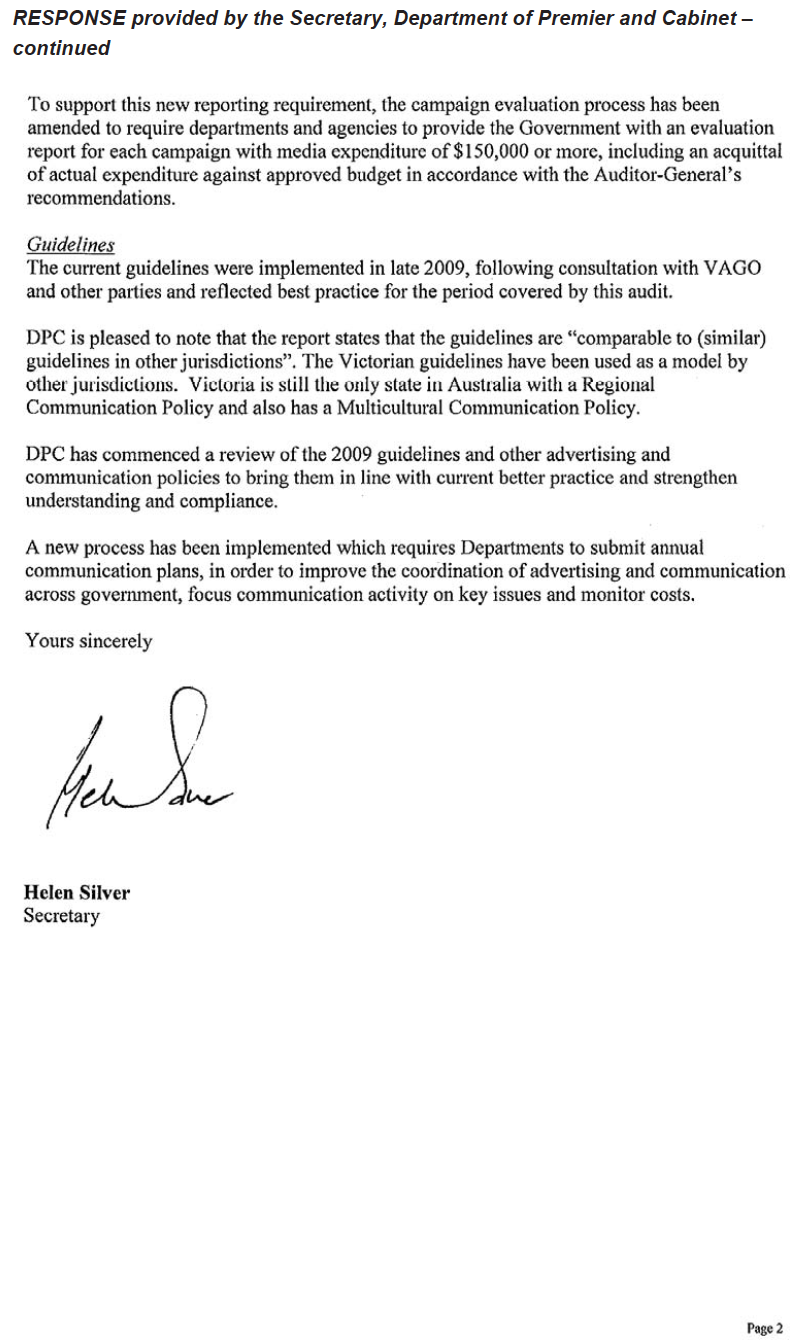 RESPONSE provided by the Secretary, Department of Premier and Cabinet – continued