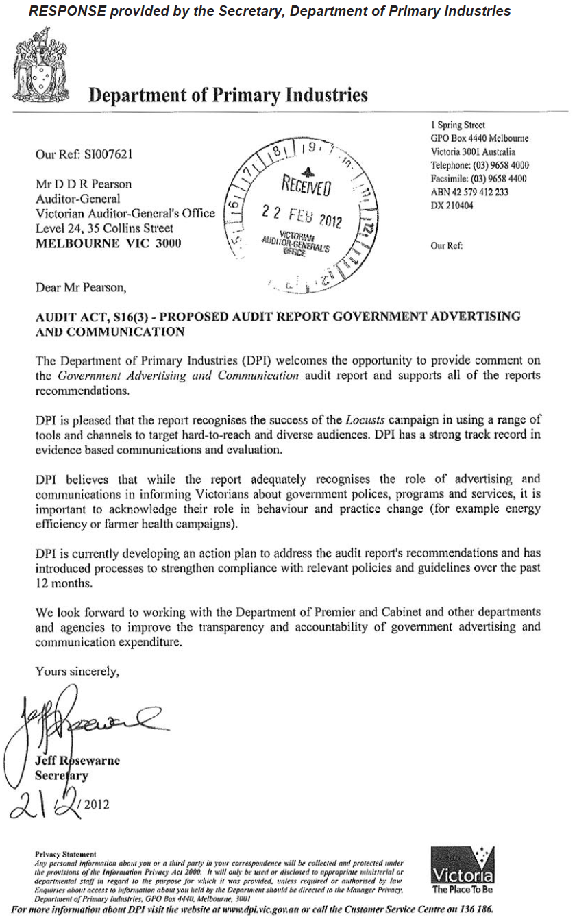 RESPONSE provided by the Secretary, Department of Primary Industries