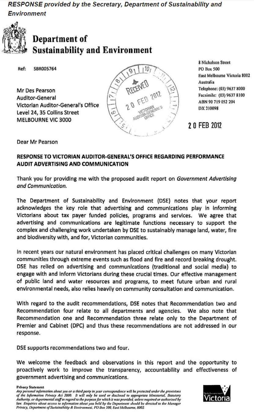 RESPONSE provided by the Secretary, Department of Sustainability and Environment