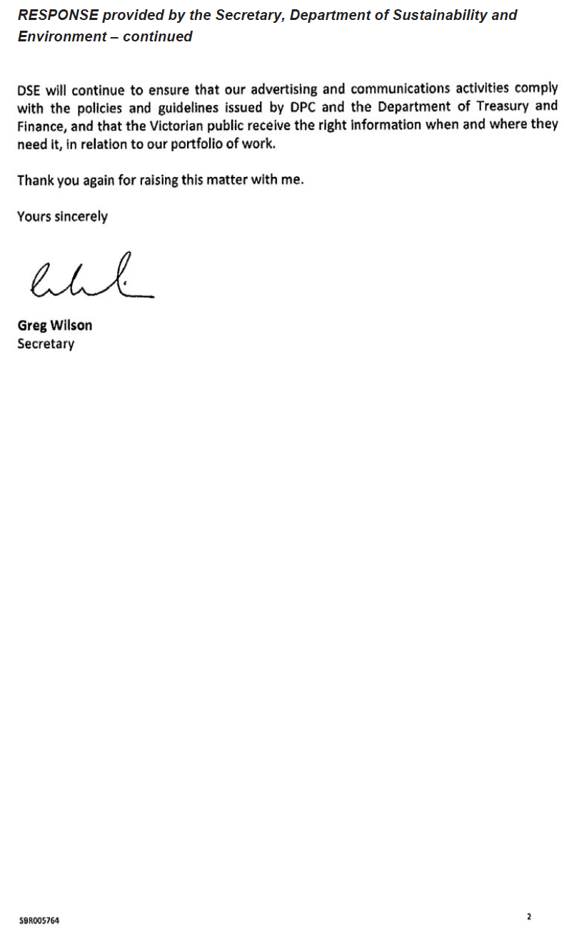 RESPONSE provided by the Secretary, Department of Sustainability and Environment – continued