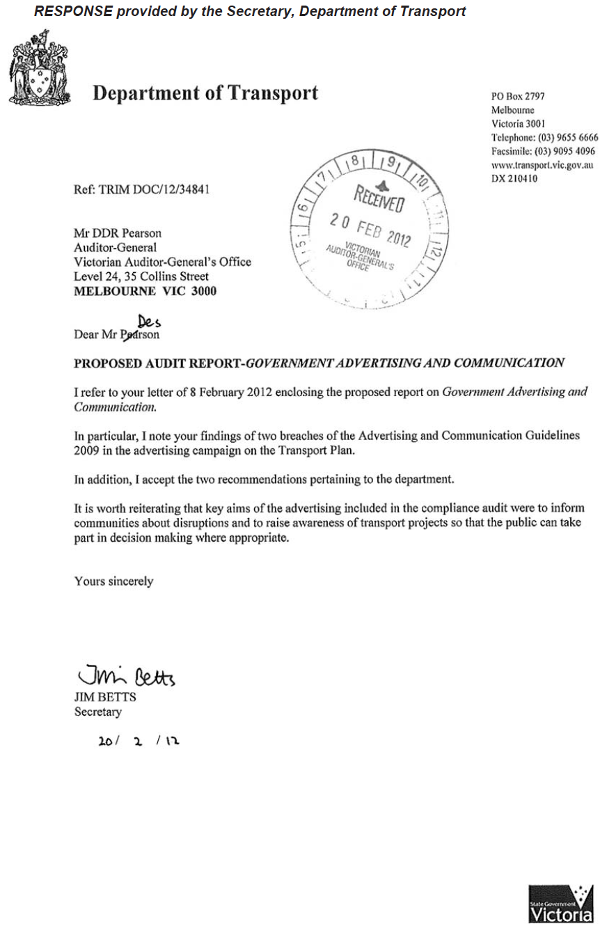 RESPONSE provided by the Secretary, Department of Transport