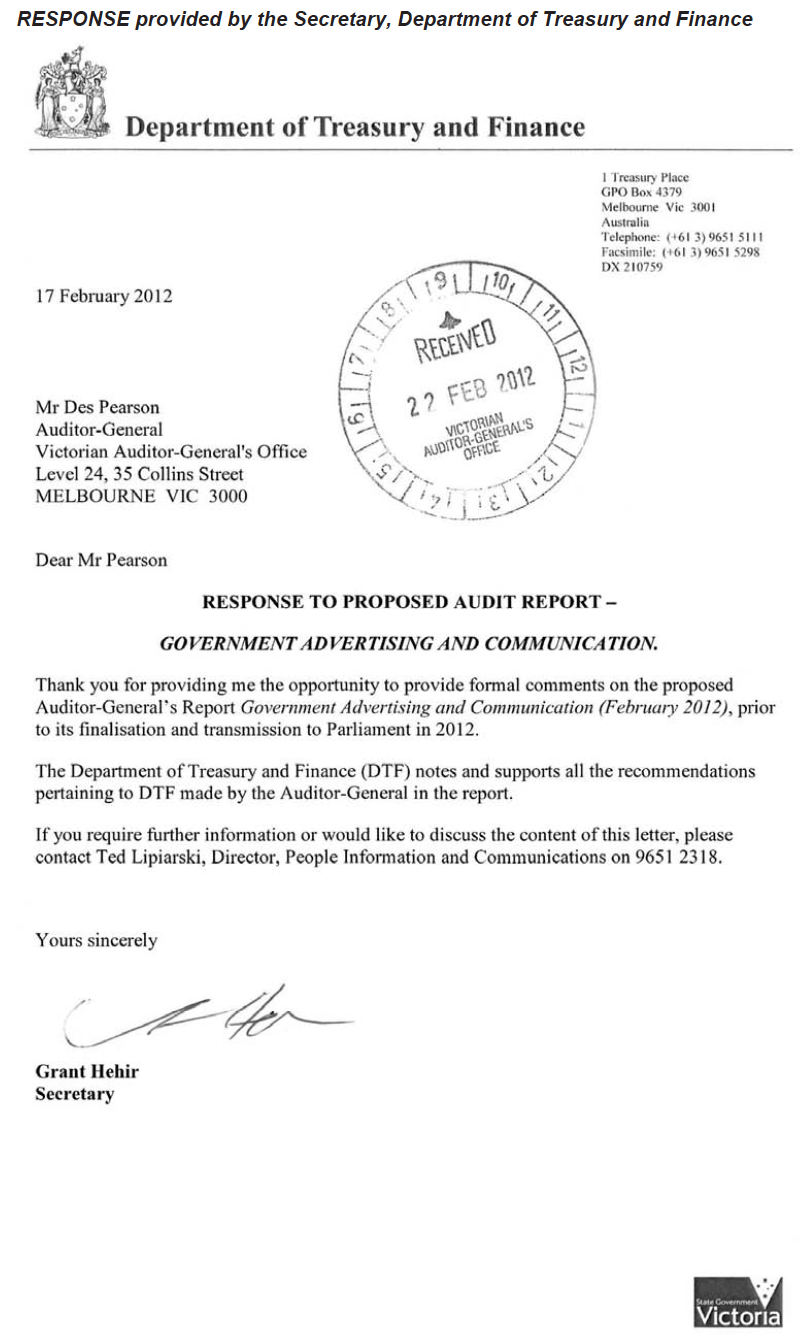 RESPONSE provided by the Secretary, Department of Treasury and Finance