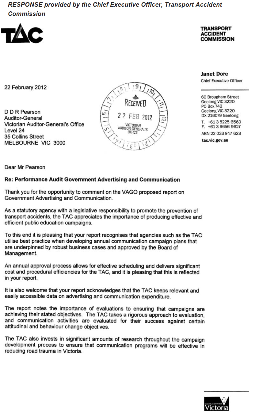 RESPONSE provided by the Chief Executive Officer, Transport Accident Commission