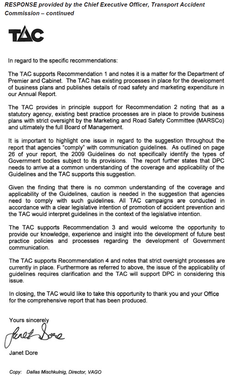 RESPONSE provided by the Chief Executive Officer, Transport Accident Commission – continued
