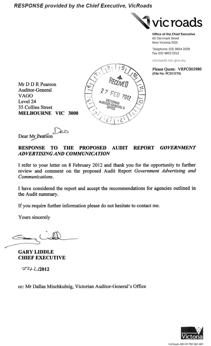 RESPONSE provided by the Chief Executive, VicRoads