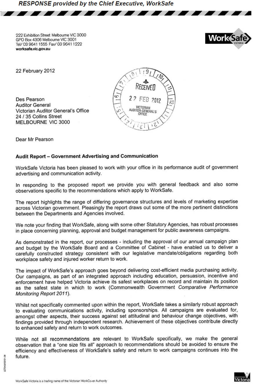 RESPONSE provided by the Chief Executive, WorkSafe