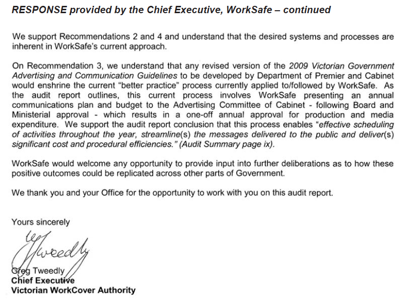 RESPONSE provided by the Chief Executive, WorkSafe – continued
