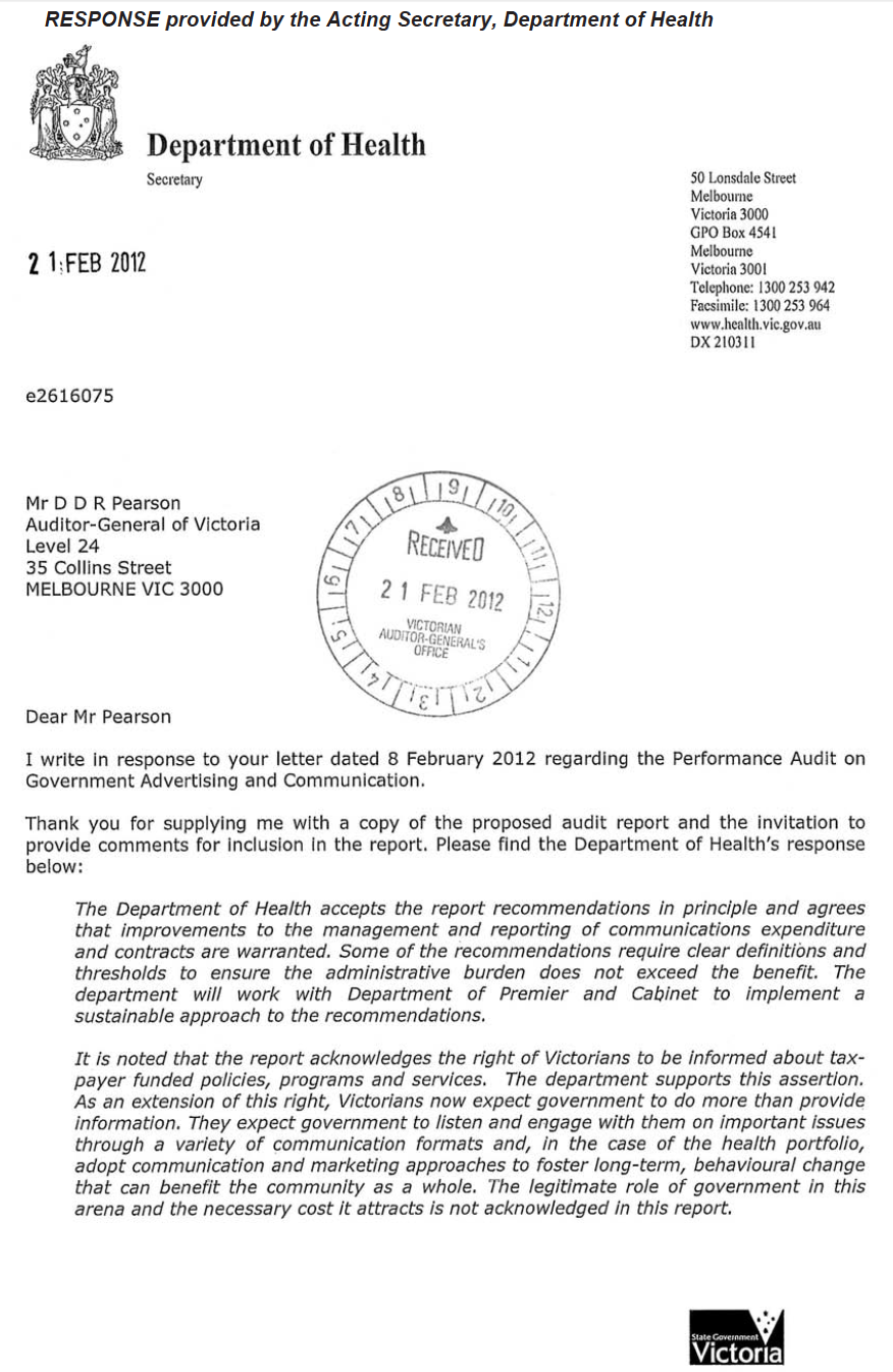 RESPONSE provided by the Acting Secretary, Department of Health