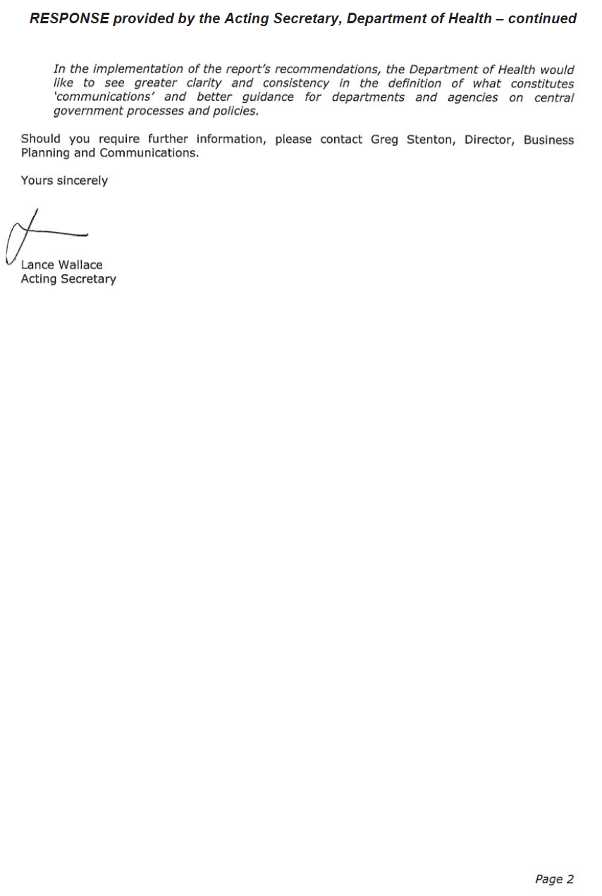 RESPONSE provided by the Acting Secretary, Department of Health – continued