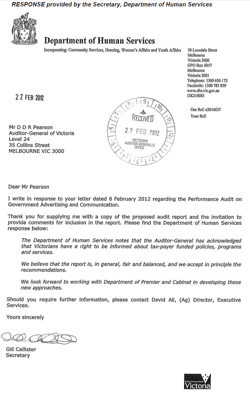 RESPONSE provided by the Secretary, Department of Human Services