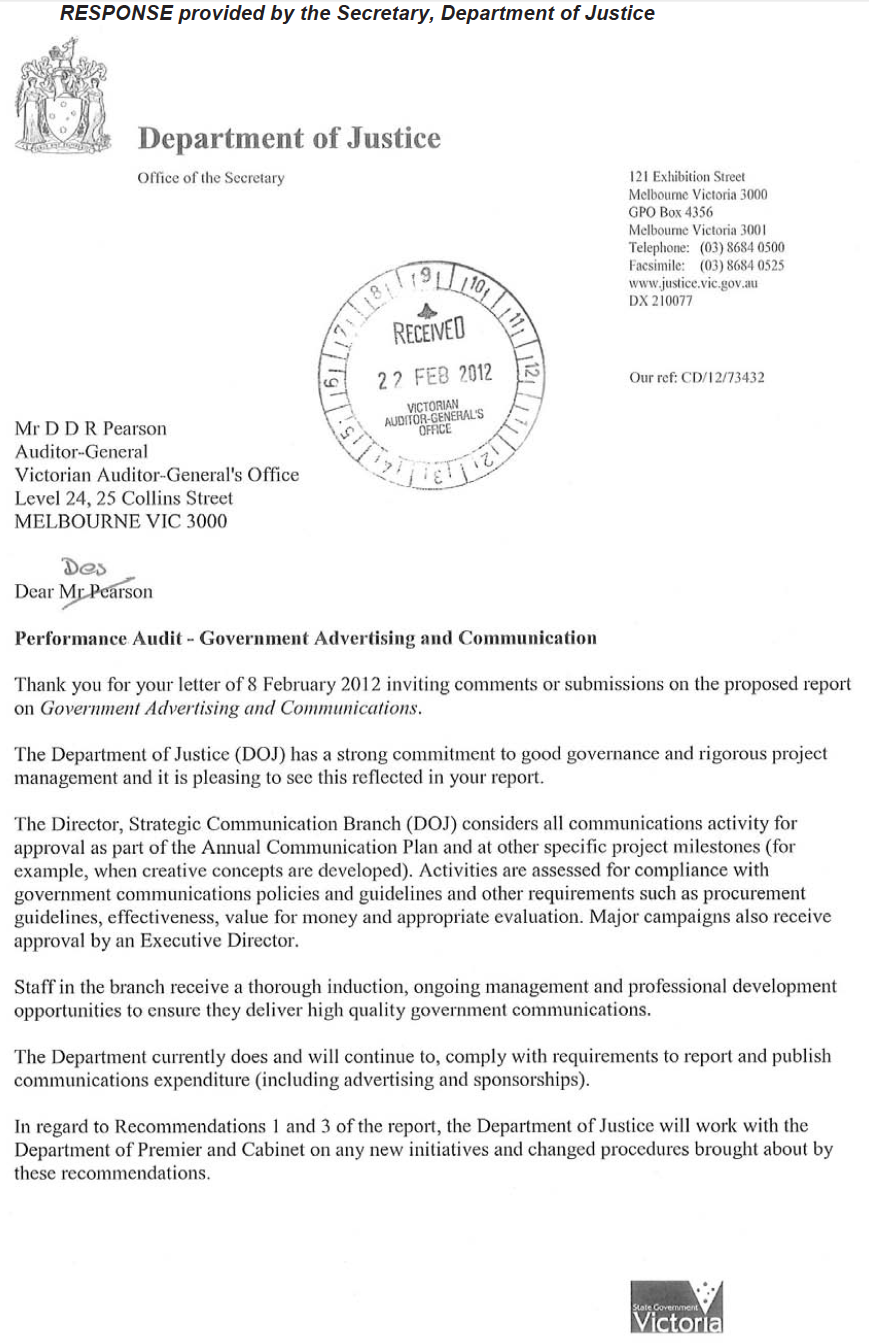 RESPONSE provided by the Secretary, Department of Justice
