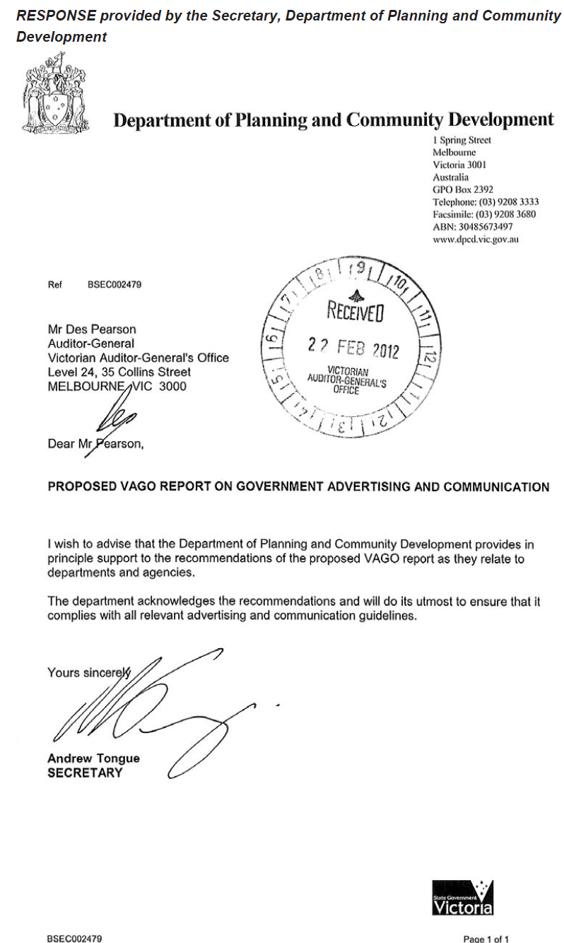 RESPONSE provided by the Secretary, Department of Planning and Community Development