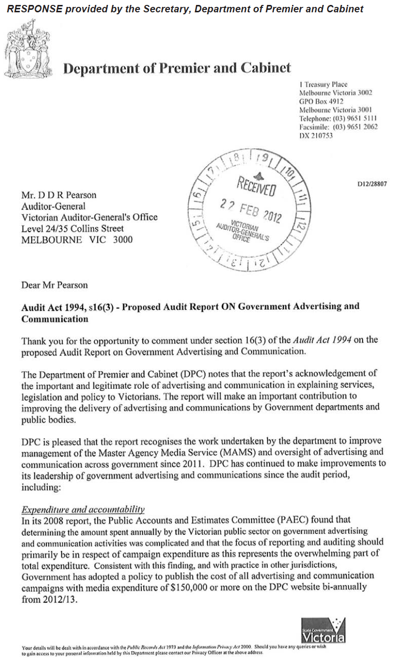 RESPONSE provided by the Secretary, Department of Premier and Cabinet