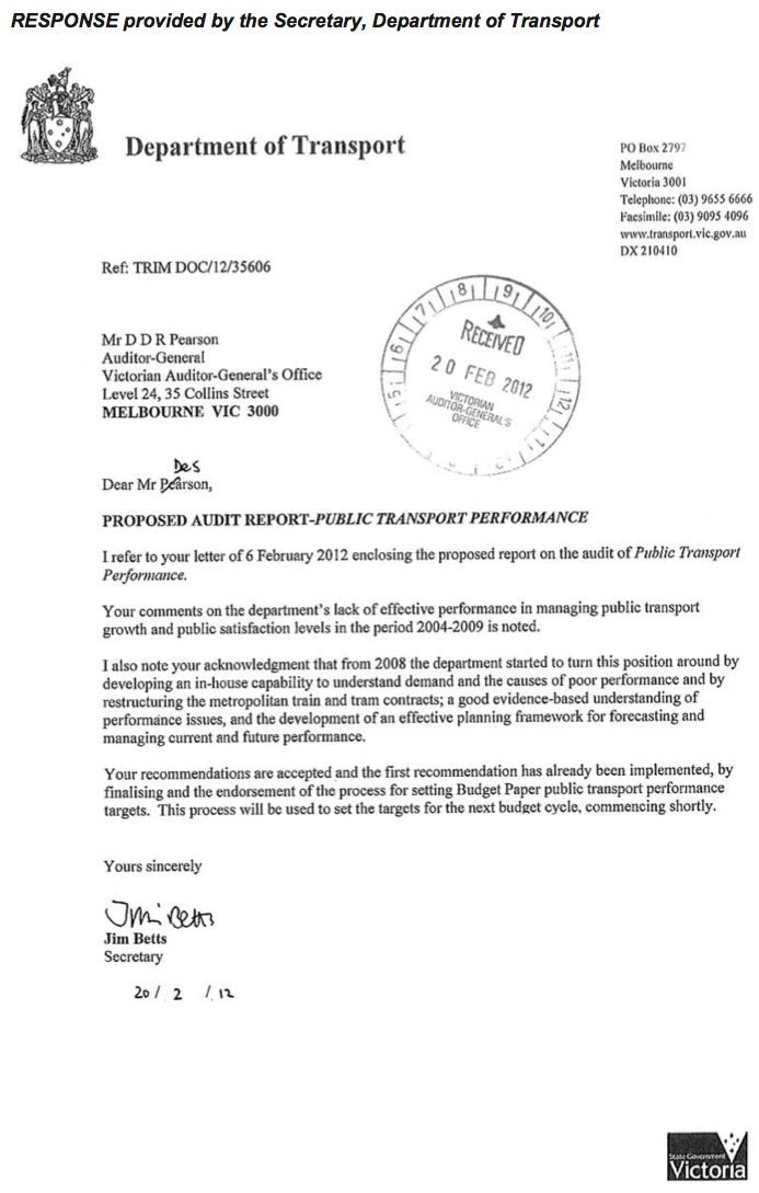 RESPONSE provided by the Secretary, Department of Transport