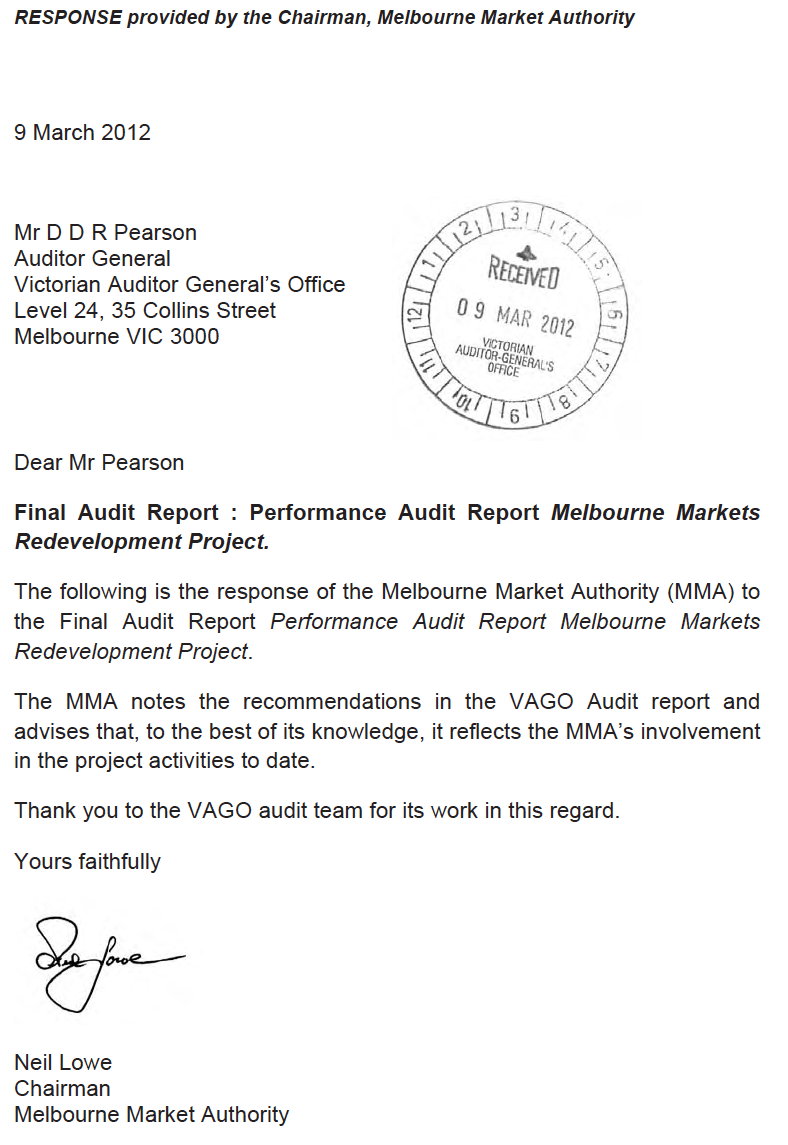 RESPONSE provided by the Chairman, Melbourne Market Authority